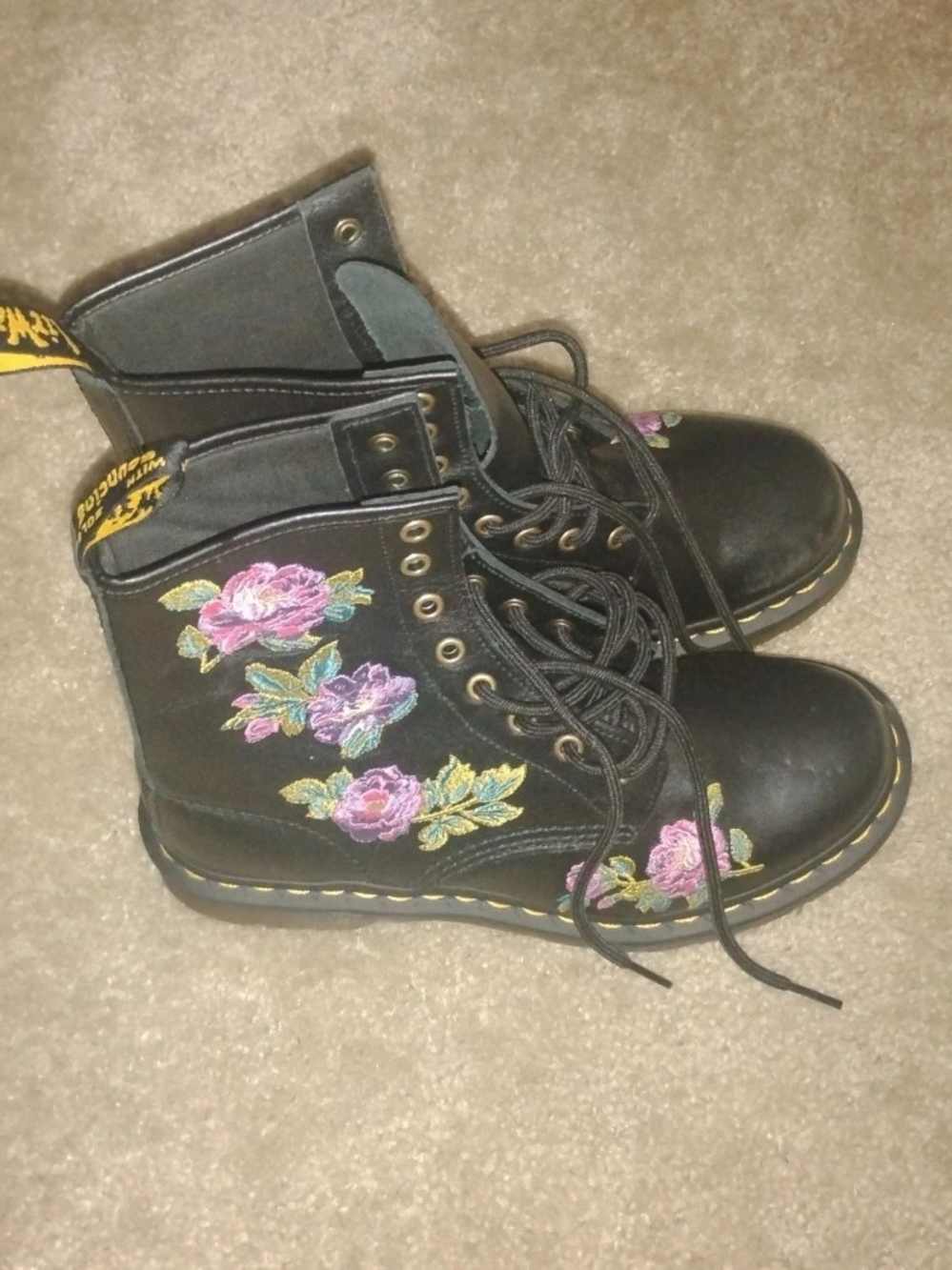 Dr. Martens Black Lace-Up Boots with Pink & Purple Floral Embroidery